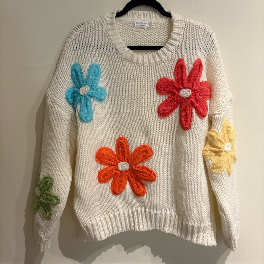 Shop the Mint The Dream Cream Floral Embroidered Sweater Medium - Picture 6 of 9